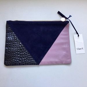 CLARE V Patchwork V Flat Pouch  -Black Navy Lilac